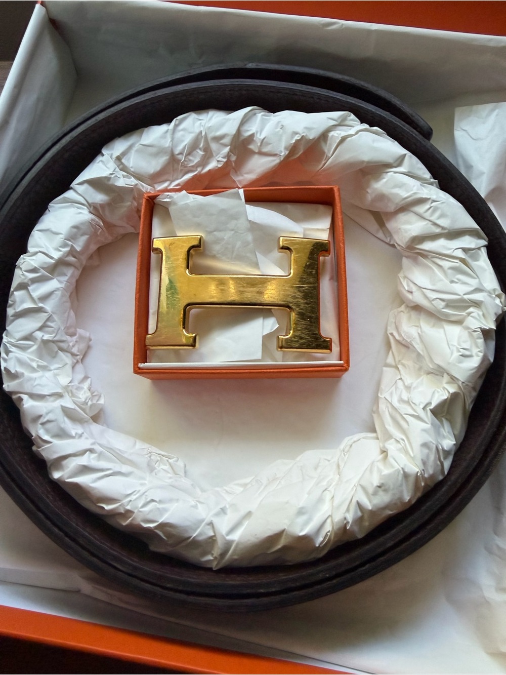 Hermes Box Togo Guilloche H Reversible 90/32mm Belt with Buckle!